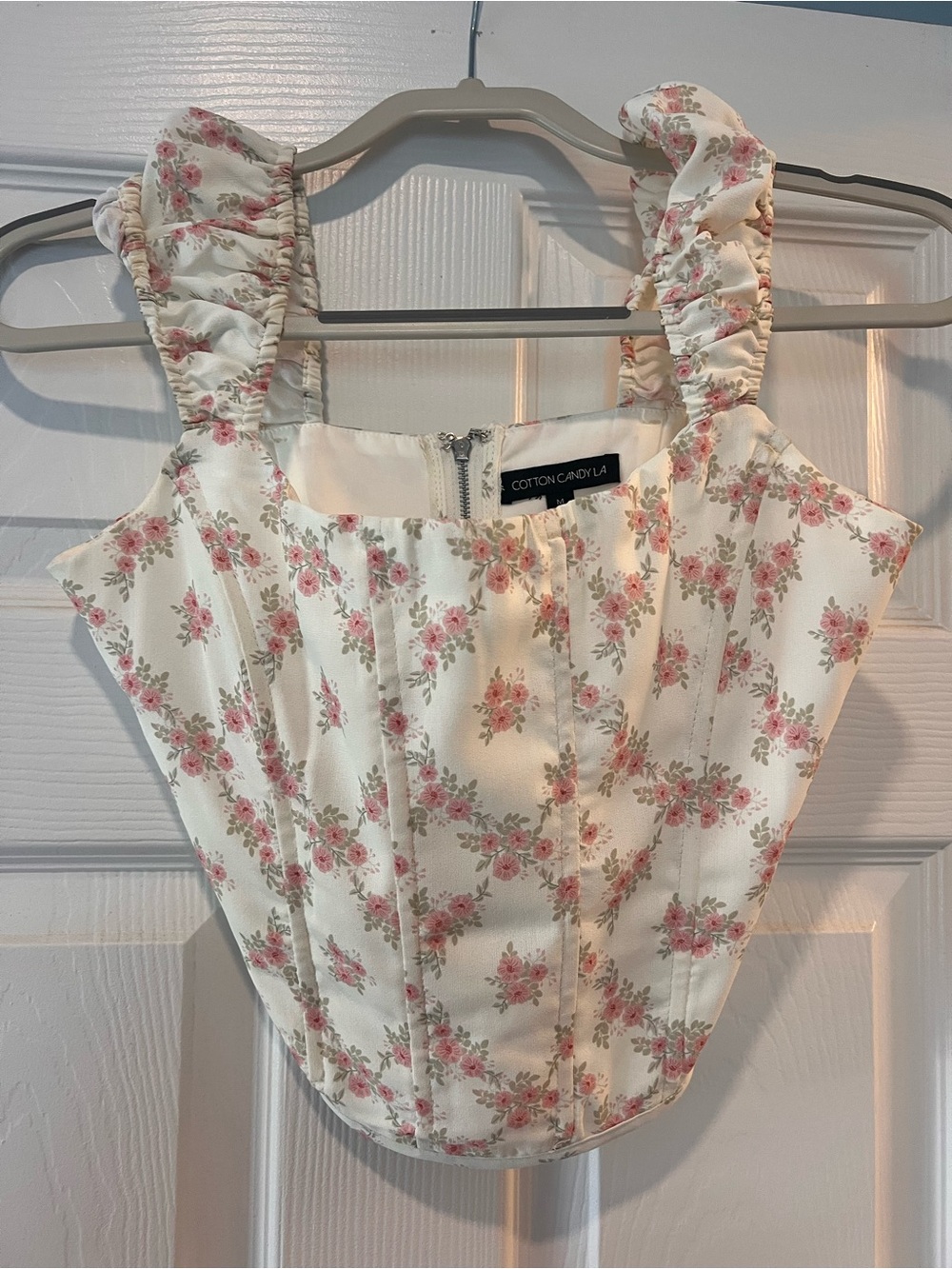 Cotton Candy Cream Floral Ruffle-Shoulder Corset Crop Top